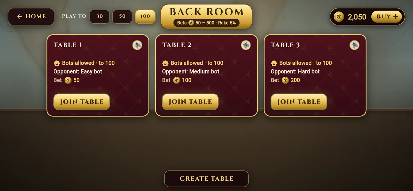 The Back Room's tables, each with a bot opponent and a bet