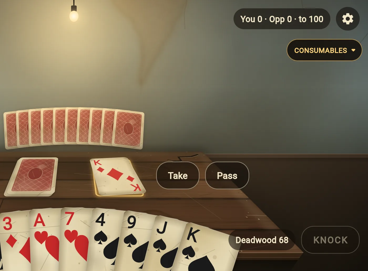 A hand of Gin Rummy at the table: your cards, the stock and the discard pile